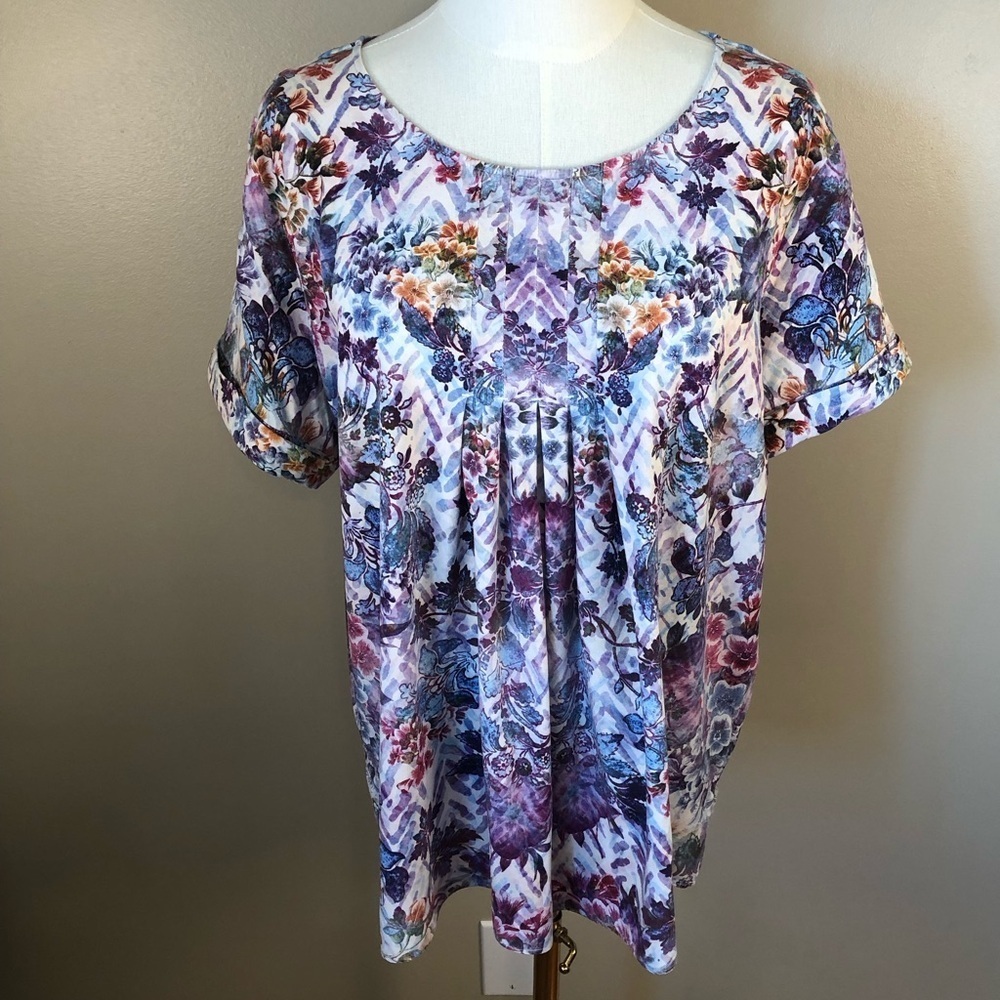 Soft Surroundings Purple Blue Pleated Short Sleeve Top Size L